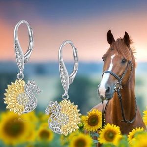 14k Diamond Sunflower Mustang Horse Luxurious Earrings